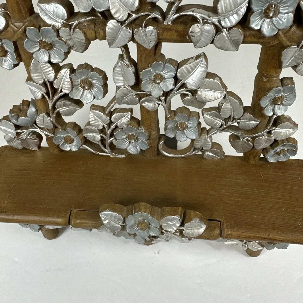 HOMCO Wall Shelf Hanging Faux Bamboo Wood Floral Trellis Boho 6067B 1984 Silver